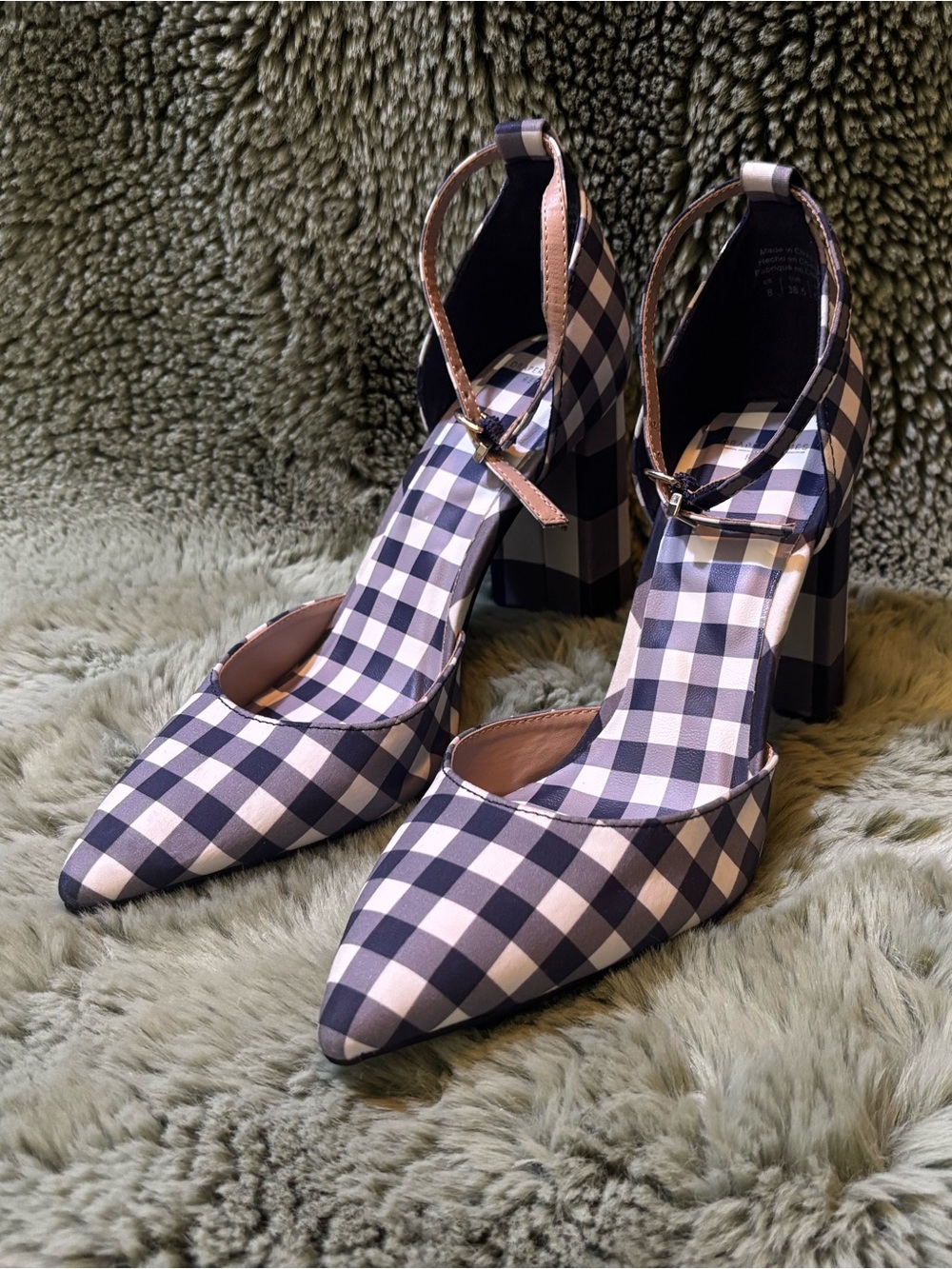 Women’s Blue and White Gingham Pointed Toe Ankle Strap Heels